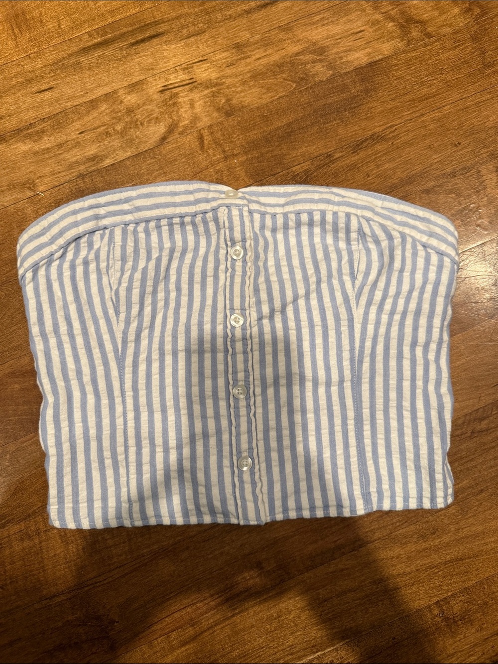 Hollister Light Blue & White Striped Button-Front Strapless Crop Top